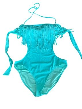 Aerie Turquoise Braided Fringe Side Cut Out Convertible One Piece Swimsuit (L)